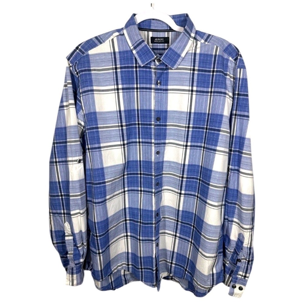 Alfani Mens Regular Fit Blue Plaid Long Sleeve Button Down Shirt XL